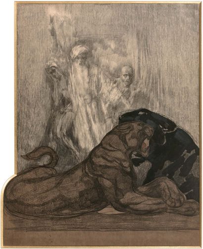 Paul JOUVE (1878-1973) 
Two panthers
Mixed media, black pencil and stump drawing,...