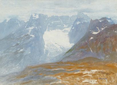 Sigismond JEANES (1862-1952) Au sommet de la montagne, les Dolomites (?) Aquarelle...