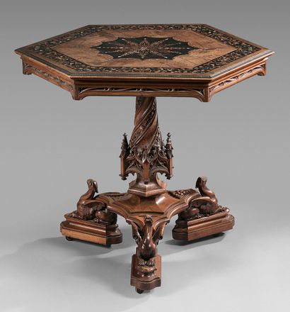 null Hexagonal tilting walnut pedestal table inlaid with a star in a medallion and...