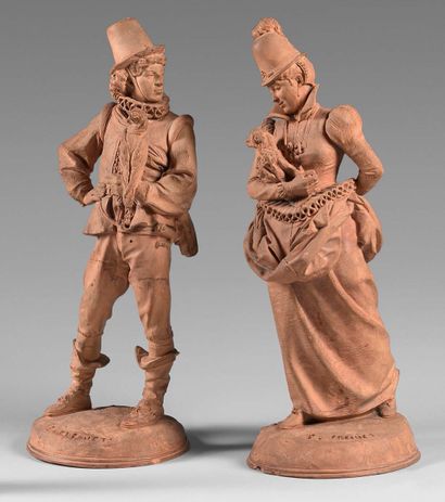 Emmanuel Fremiet (1824-1910) - Fauconnier
- Damoiselle
Deux statuettes en terre cuite,...