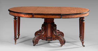 null Large dining table with oval extensions in mahogany and stained mahogany with...
