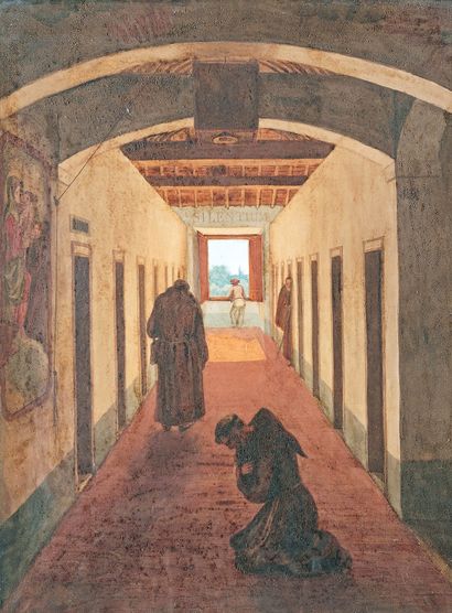 École FRANÇAISE du début du XIXe siècle Monks and a figure in the corridor of a convent
Watercolour,...