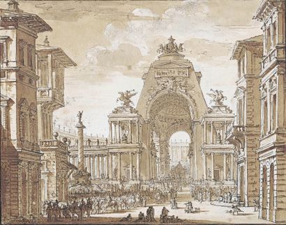 Charles de WAILLY (1730-1798) Caprice architectural avec scène de triomphe antique
Plume,...