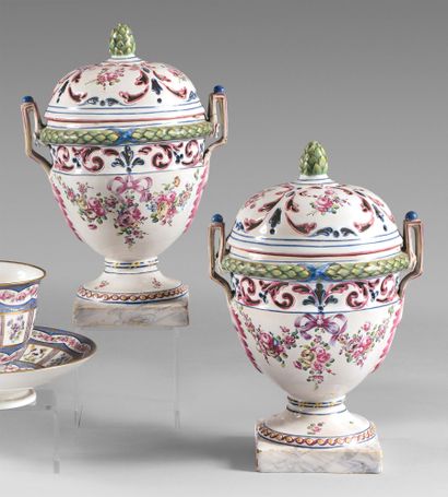 SCEAUX A pair of covered ovoid incense burners on square bases, polychrome decoration...