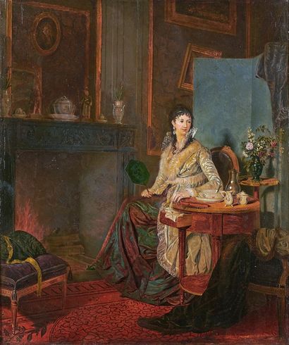 ÉCOLE FRANÇAISE, dans le goût de Marguerite GÉRARD Woman in an interior
Oil on panel,...