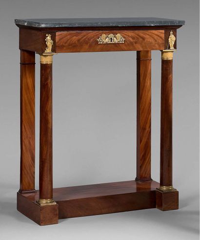 null Rectangular mahogany veneer console table opening to a drawer. The front legs...