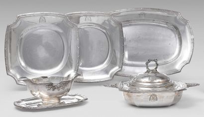 null Set of silver plated dishes, ribboned rods model monogrammed in an oval medallion...