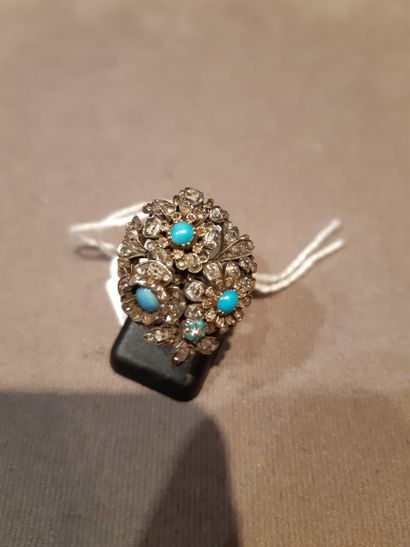 null Bague fleur en or 750 millièmes et argent 925 millièmes ornée de turquoises...