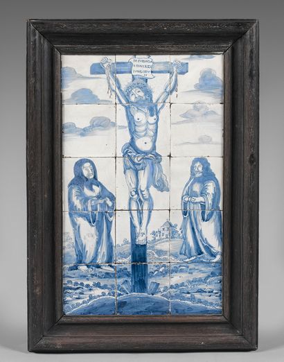 null Panneau composé de quinze carreaux en faïence de Delft représentant un Christ...