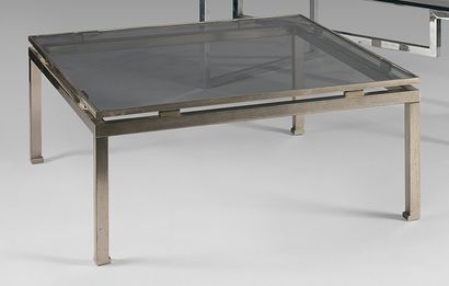 Attribué à Guy LEFÈVRE Coffee table, square glass top resting on a chromed metal...