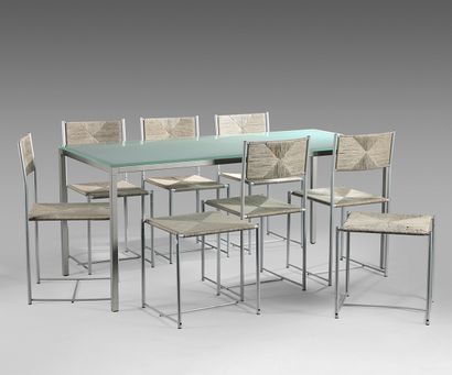 TRAVAIL MODERNE Grey lacquered metal dining room furniture including a table, six...
