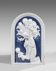 null After Della Robbia Curved relief in white enamel on blue ground representing...