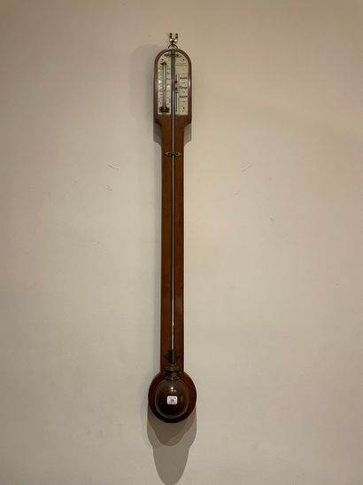null Mercury barometer and thermometer on a mahogany stand with engraved ivory plate...