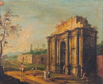 null Workshop of Michele MARIESCHI (1710-1743) Architectural caprice with figures...