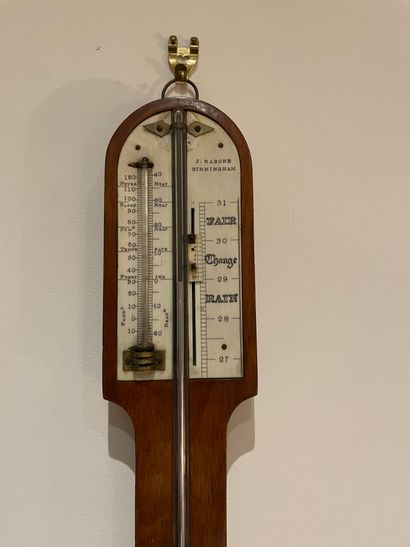 null Mercury barometer and thermometer on a mahogany stand with engraved ivory plate...
