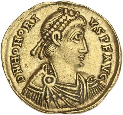 null HONORIUS (393-423) Solidus. Ravenna. 4,45 g. His bust diademed and draped to...