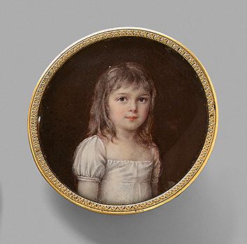 null Round miniature on ivory, girl in bust wearing a white dress, facing right.
In...