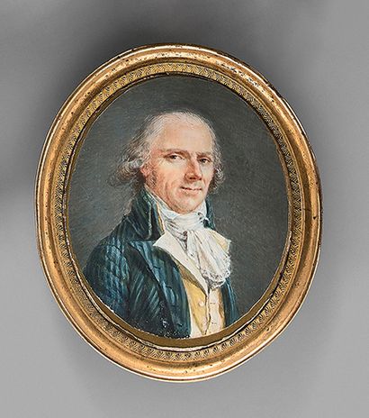 null Oval miniature on ivory, portrait of a man dressed in a striped frock coat,...