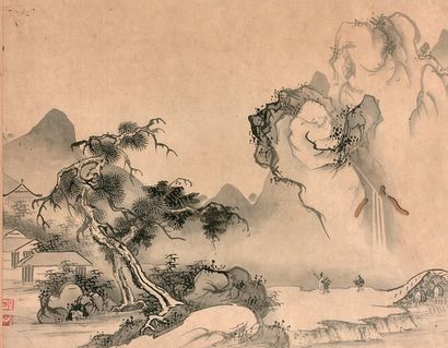 CHINE - XXe siècle Ensemble de deux peintures, encre sur papier, représentant des...