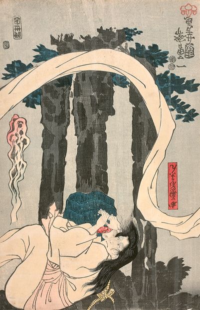 Utagawa Kuniyoshi (1798-1861) Oban tate-e, partie de triptyque, le fantôme d'Okiku...