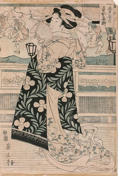 KIKUGAWA EIZAN (1787-1867) Oban tate-e, bijin sur une terrasse tenant un éventail.
Signé...