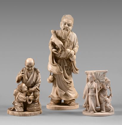 JAPON - Epoque MEIJI (1868-1912) Three ivory okimono : Chokwaro Sennin taking his...