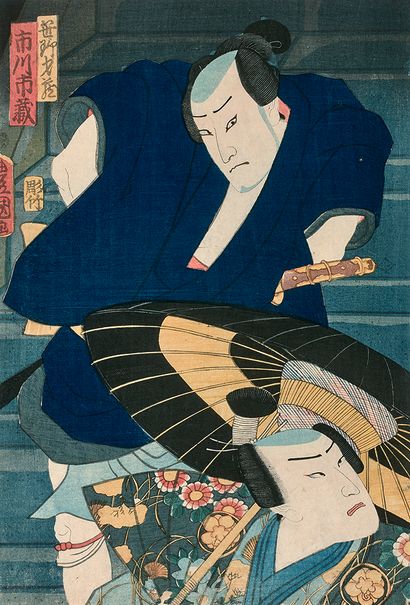 UTAGAWA TOYOKUNI III (1786-1865) Oban tate-e, part of a triptych, two actors, one...