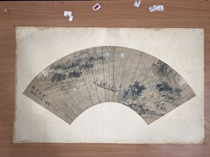 CHINE - XIXe siècle Ensemble de deux projets d'éventail, encre et couleurs sur papier,...