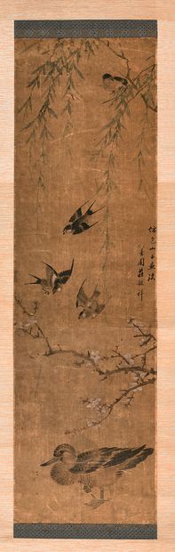 CHINE - XIXe siècle Encre et couleur sur soie représentant des hirondelles et un...