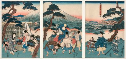 Utagawa Kunisada (1786-1865) Triptych oban tate-e, Narihara azuma kudari no zu, The...