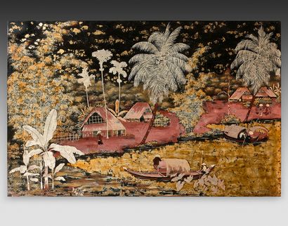 VIETNAM - XXE SIÈCLE Large rectangular panel in gold and silver lacquer on wood,...