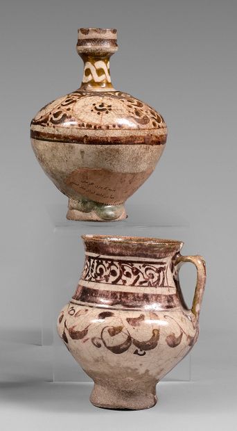  Persian small vase and pitcher. Ceramic with metallic lustre decoration. Iran, Kashan,...