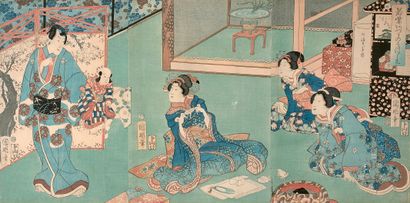 Utagawa Kuniaki II (1835-1888) Triptyque oban tate-e, geisha dans un intérieur faisant...