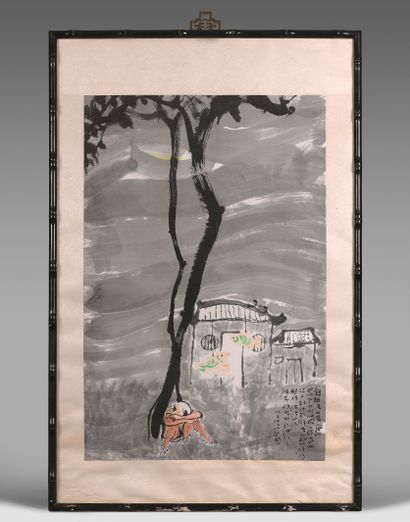TAN SWIE HIAN (né en 1943) Enfant rêvant sous un arbre
Encre et couleurs sur papier.
Signature...