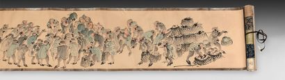 JAPON - Epoque MEIJI (1868 - 1912) 
 Encre et couleurs sur papier, singes vendant...