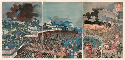 Utagawa Yoshitora (1836-1880) Triptych oban tate-e, Akechi Samanosuke Mitsuhara attacking...