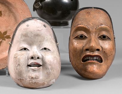 JAPON - Époque EDO (1603-1868) Masque en bois et gofun, zo onna les dents noircies,...