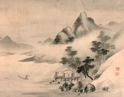 CHINE - XXe siècle Ensemble de deux peintures, encre sur papier, représentant des...