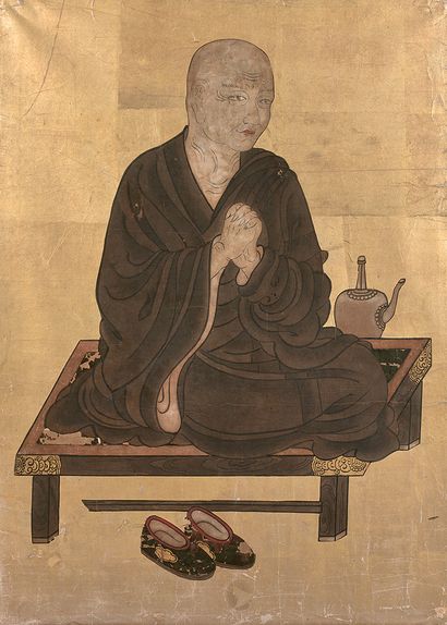 JAPON - Époque EDO (1603-1868) Encre et couleurs sur fond de feuille d'or, moine...