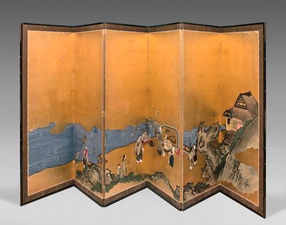 JAPON - Époque Edo (1603-1868), XIXe siècle Paravent à six feuilles, encre, couleurs...