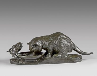 null Emmanuel Fremiet (1824-1910) Chat et fauvette Statuette en bronze à patine verte,...