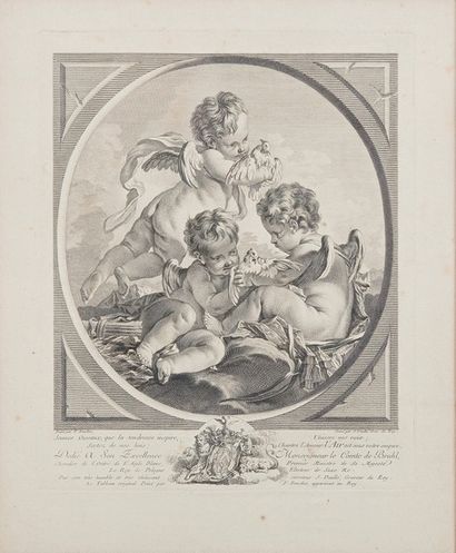 null Lot including: a print in red chalk after Boucher: Mythological scene; an inlaid...