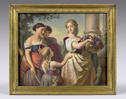 null Polychrome porcelain plate decorated with an allegorical scene with three women...