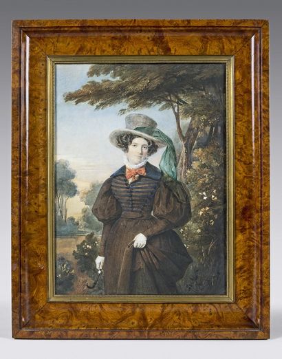 null Large rectangular miniature of the Romantic period : Woman with a hat in a landscape....