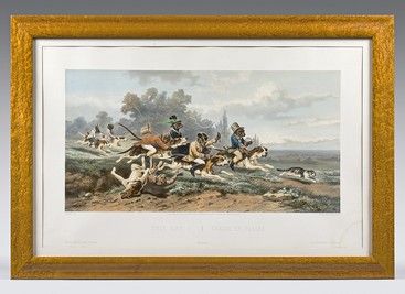 null Paire de gravures en couleurs : Une course au clocher et Chasse en plaine d...