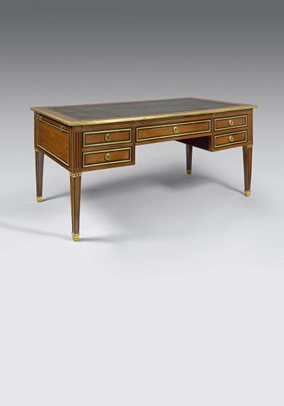 null Large flat desk or double-sided library table in mahogany veneer, ebony and...