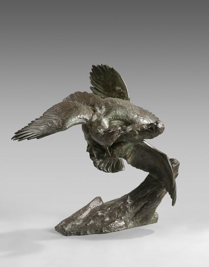 null Maximilien Fiot (1886 1953) Le combat des aigles Grande statuette en bronze...