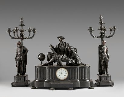 null A patinated bronze and black marble clock depicting Marin de Gomberville reading...