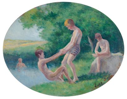 Maximilien Luce (1858-1941) Rolleboise, baigneurs
Huile sur panneau de forme ovale,...