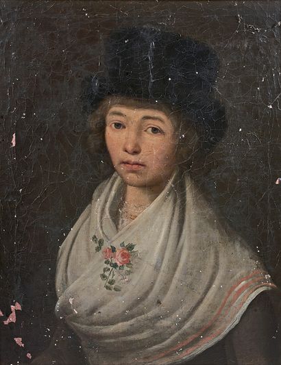 École Française du XIXe siècle Portrait de femme au châle blanc
Huile sur toile.
(Petits...